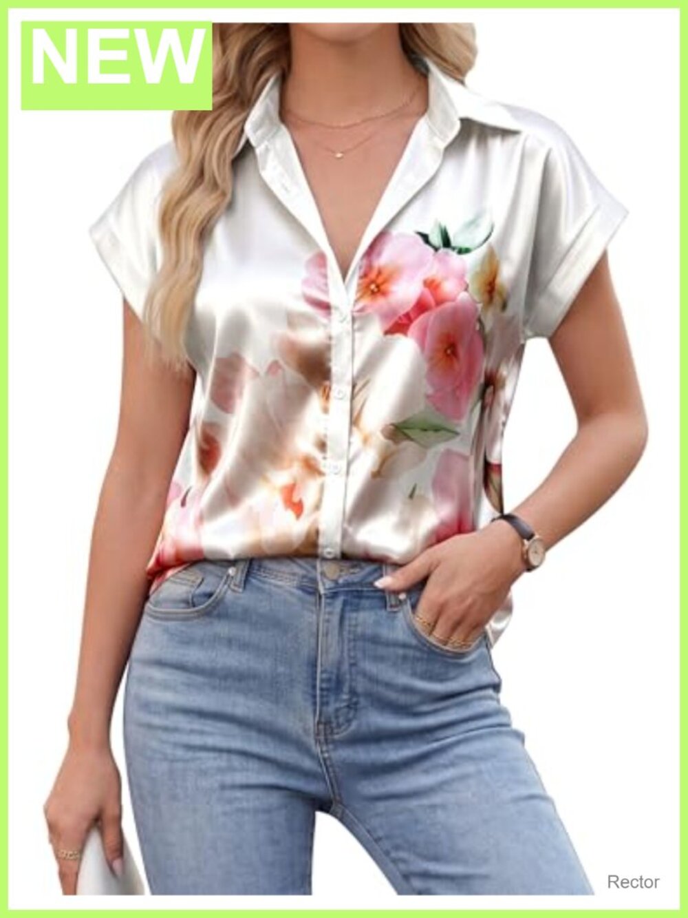 Satin Button Down Blouse Cap Sleeve Floral Print Summer Dressy Casual Top